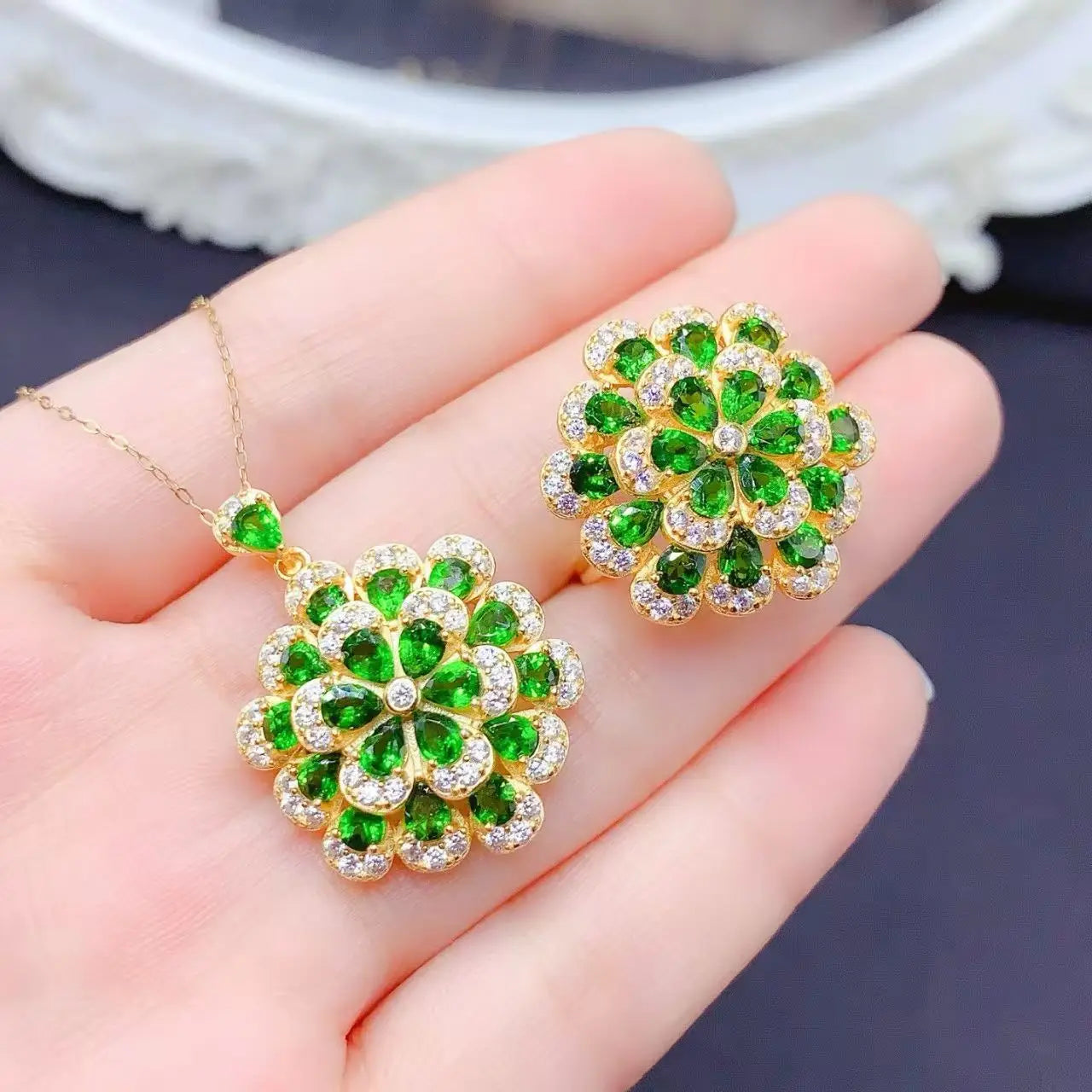 Luxury Jewelry Fashion Pure Silver 925 Natural Diopside Engagement Wedding Party Gift  Gold-plated Women's Jewelry