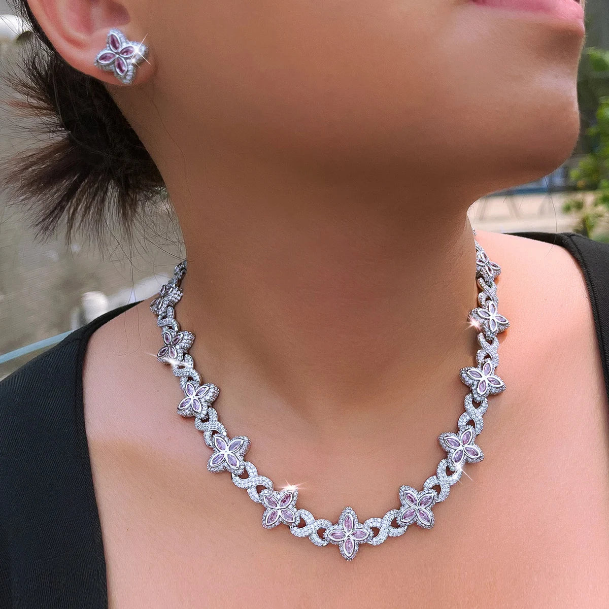 Hip Hop Jewelry Sapphire Blue 4 Leaf Clover Flower Necklace and Earrings Cubic Zircon Cuban Link Chain Jewelry Set for Women Man