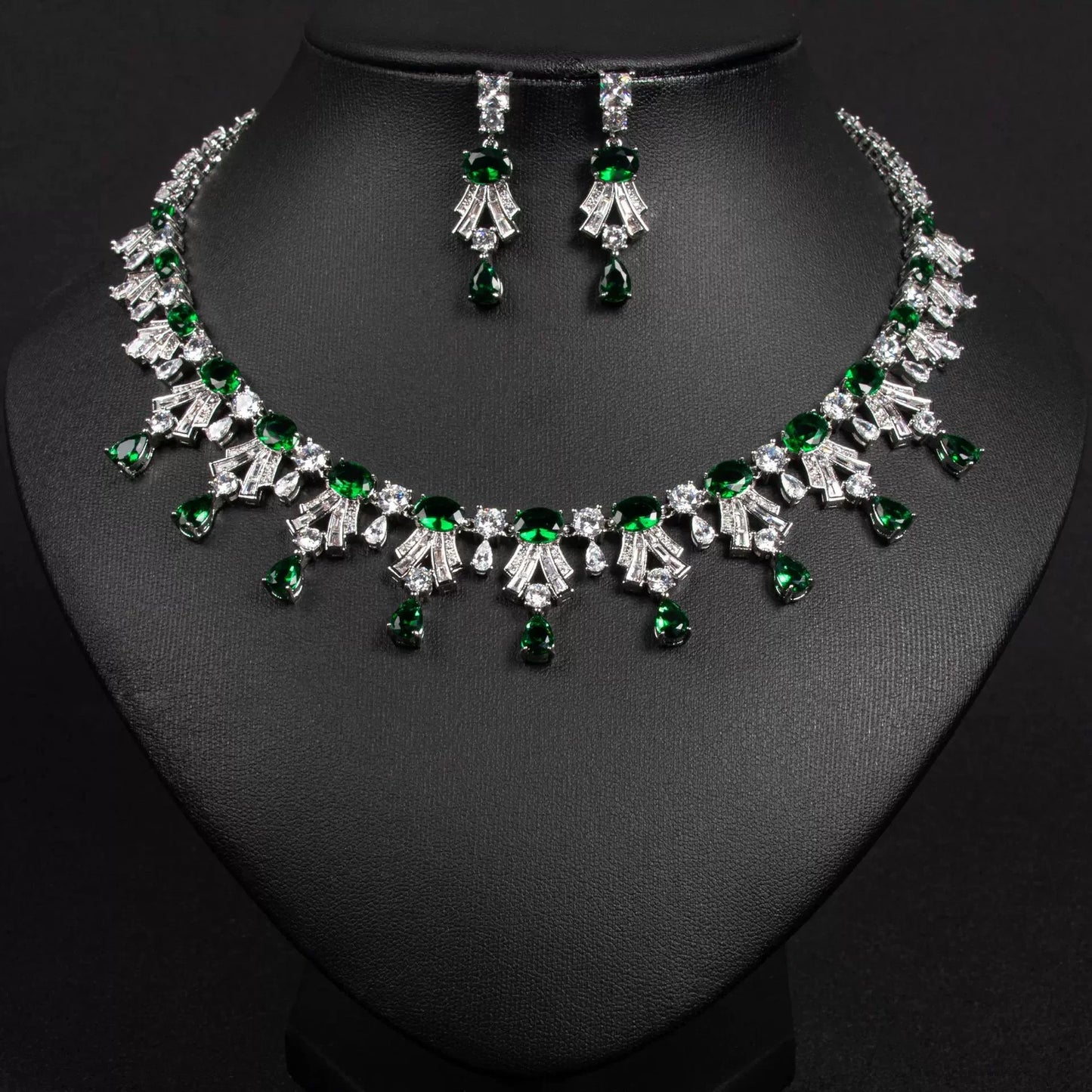 XM S314 Oval Cut Zircon Art Deco Statement Necklace & Drop Earrings Set