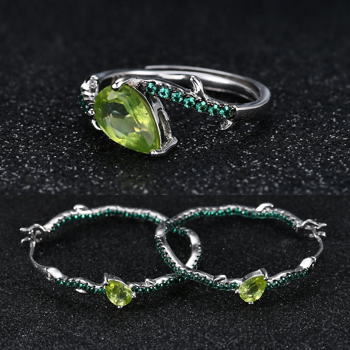 ArtistA C8212 Abiding Pear Cut Green Stone Peridot Gemstone 925 Sterling Silver Olive Branch Adjustable Ring Hoop Earrings Set