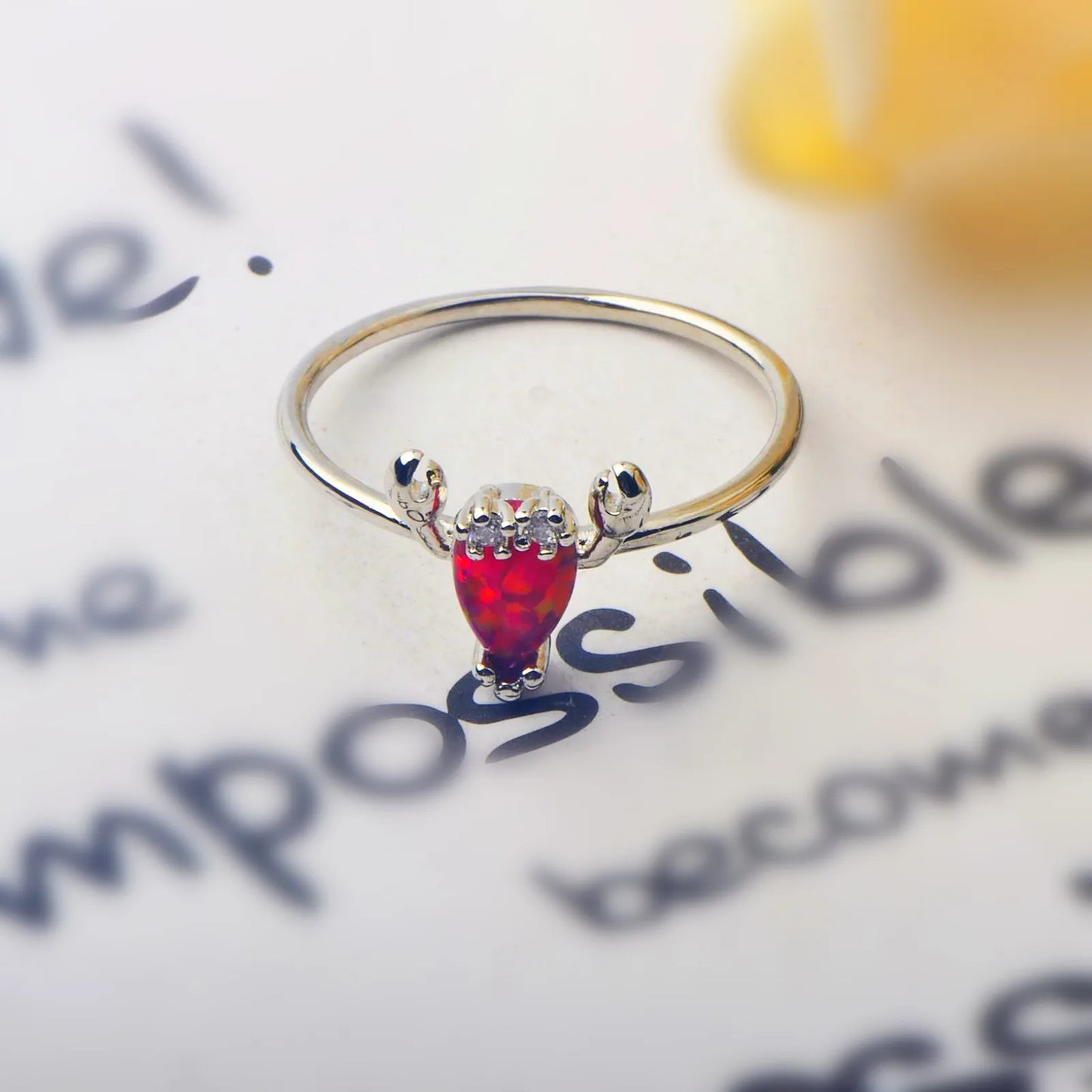Cute Crab Shape Opal Ring | Red Iridescent Gemstone & Zircon Accent | Animal Jewelry for Women Trendy Daily Wear