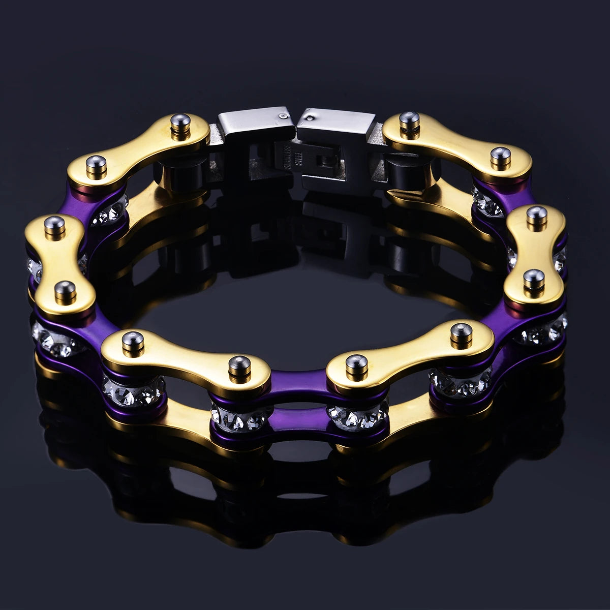 REBEL Motorcycle Chain Ladies Bling Bracelet Gold & Purple Color Link Chain 316 Stainless Steel Bicycle Biker Bracelet