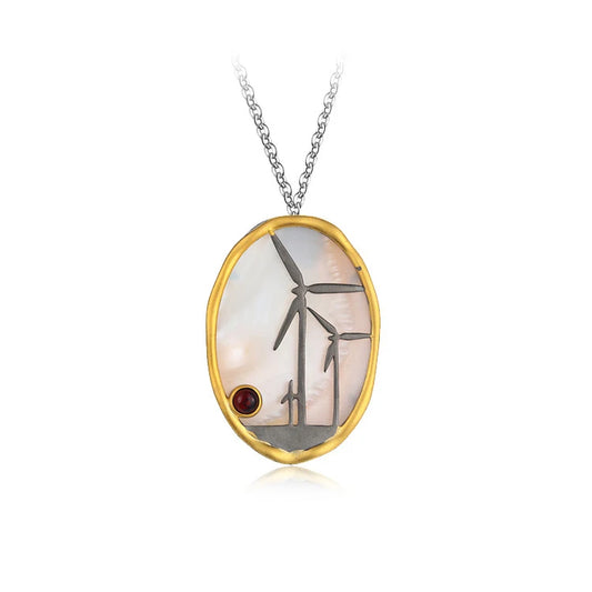 Silverelli PERFECT New Designs Jewelry Fashion Pink Mop Stone 925 Sterling Silver 18K Gold Plated Windmill Pendant Women's Unisex