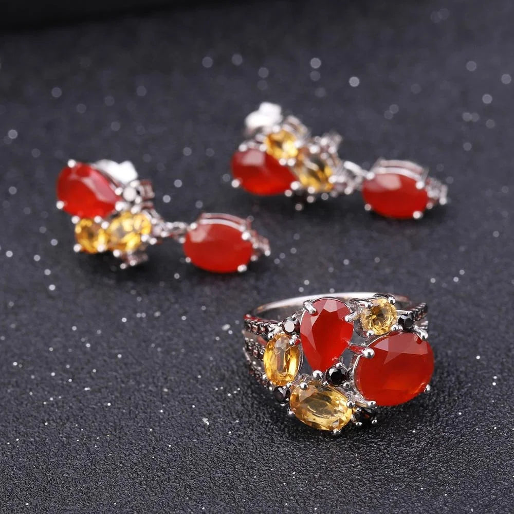 ArtistA C7645 Abiding Multiple Gemstones Natural Carnelian Red Agate Citrine 925 Silver Sterling Cluster Ring Women Jewelry