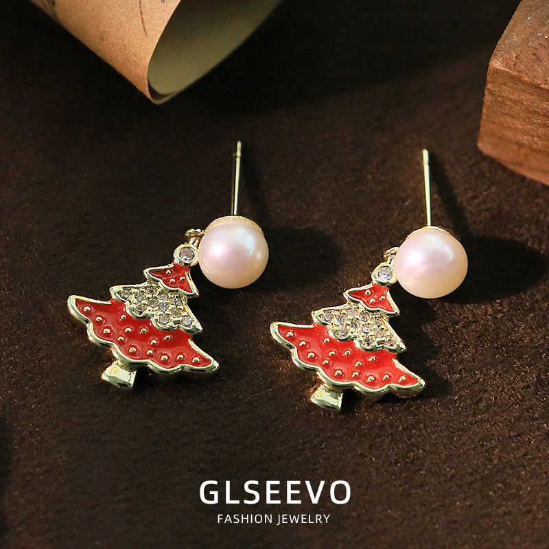 Natural Freshwater Pearl Red Tree-Like Dangle Earrings New in Earrings Gift for Women Girl Christmas Holiday Jewelry GE1744