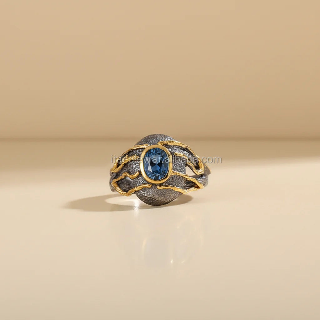 Vintage Custom Blue Topaz 925 Sterling Silver Ring With Bezel Set
