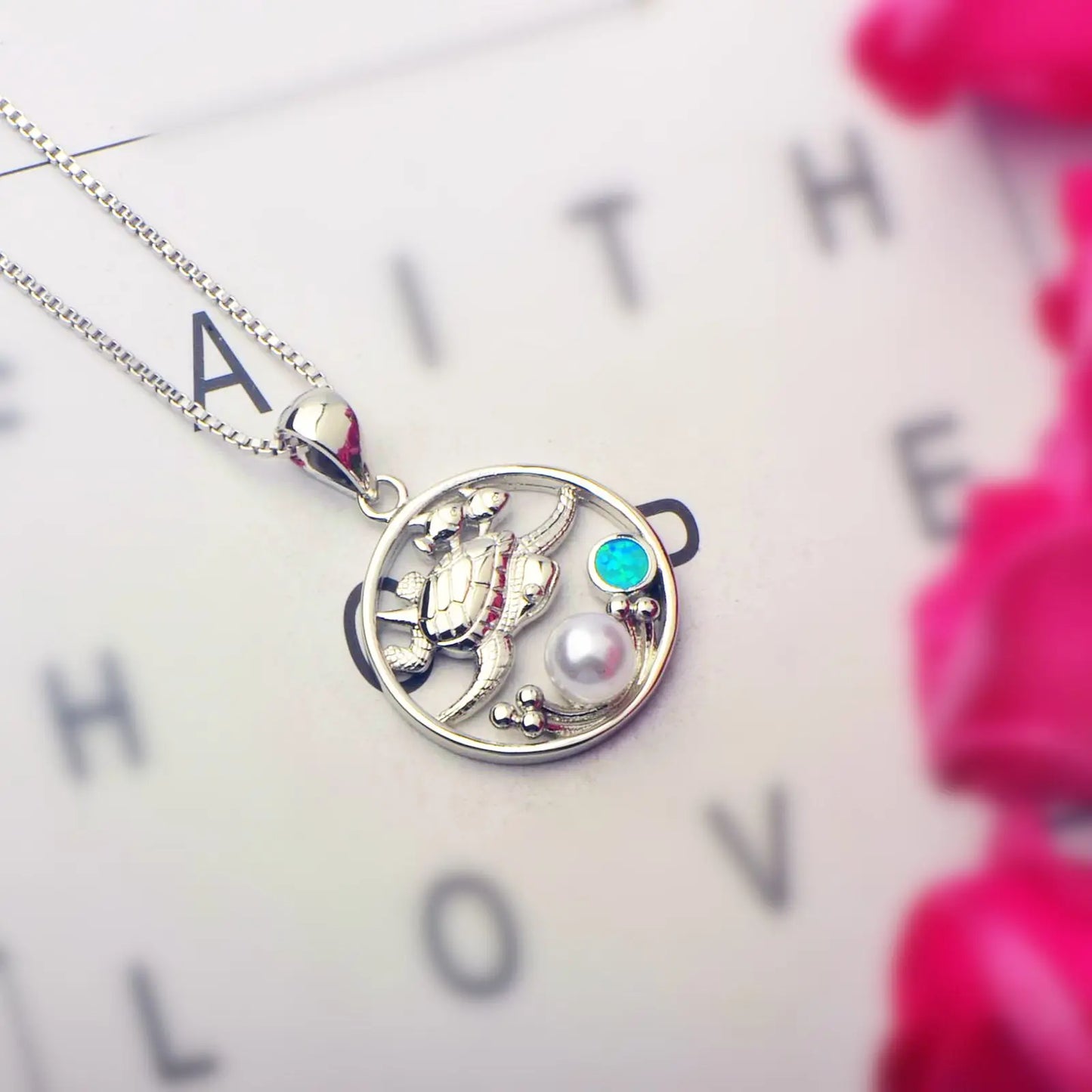 TikTok INS Wind Hawaii Beach Copper Alloy Opal Turtle Animal Pendant Women's Party Silver Plated Vintage Box Chain Inlaid