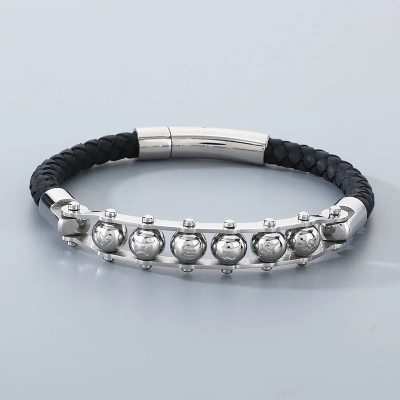 REBEL Trendy Mens Fashion Bracelets Bangles Stainless Steel Beads Leather Bracelet Bangle