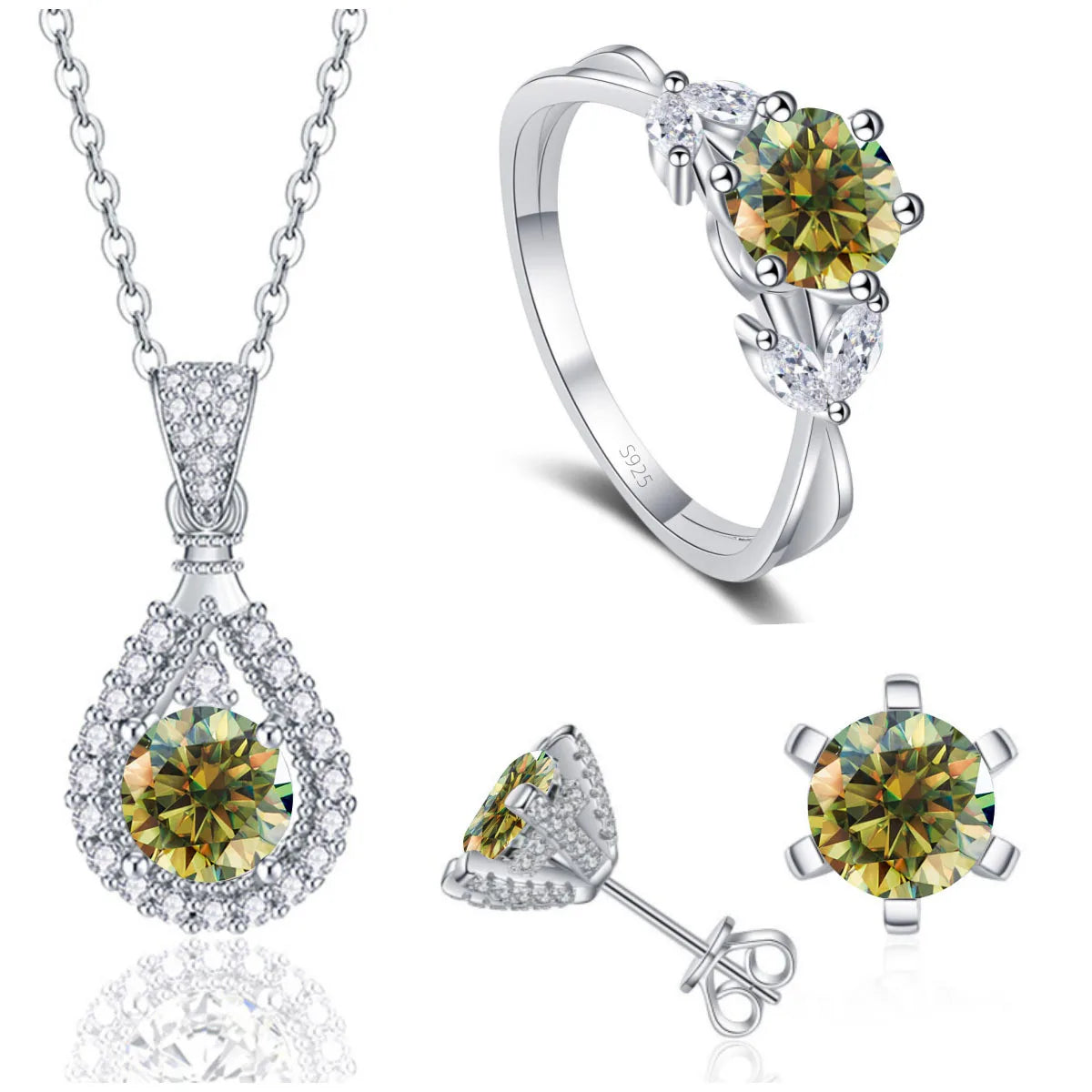 REDheart Fine 925 Sterling Silver Women's Wedding Bridal Jewellery Set Round Cut VVS Colored Moissanite Rings Necklace and Earrings Set