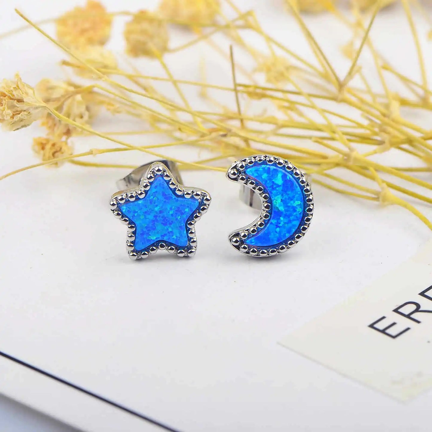 Dreamy Celestial Opal Pendant Earrings Star & Moon Design Trendy Bohemian Christian Brass Jewelry