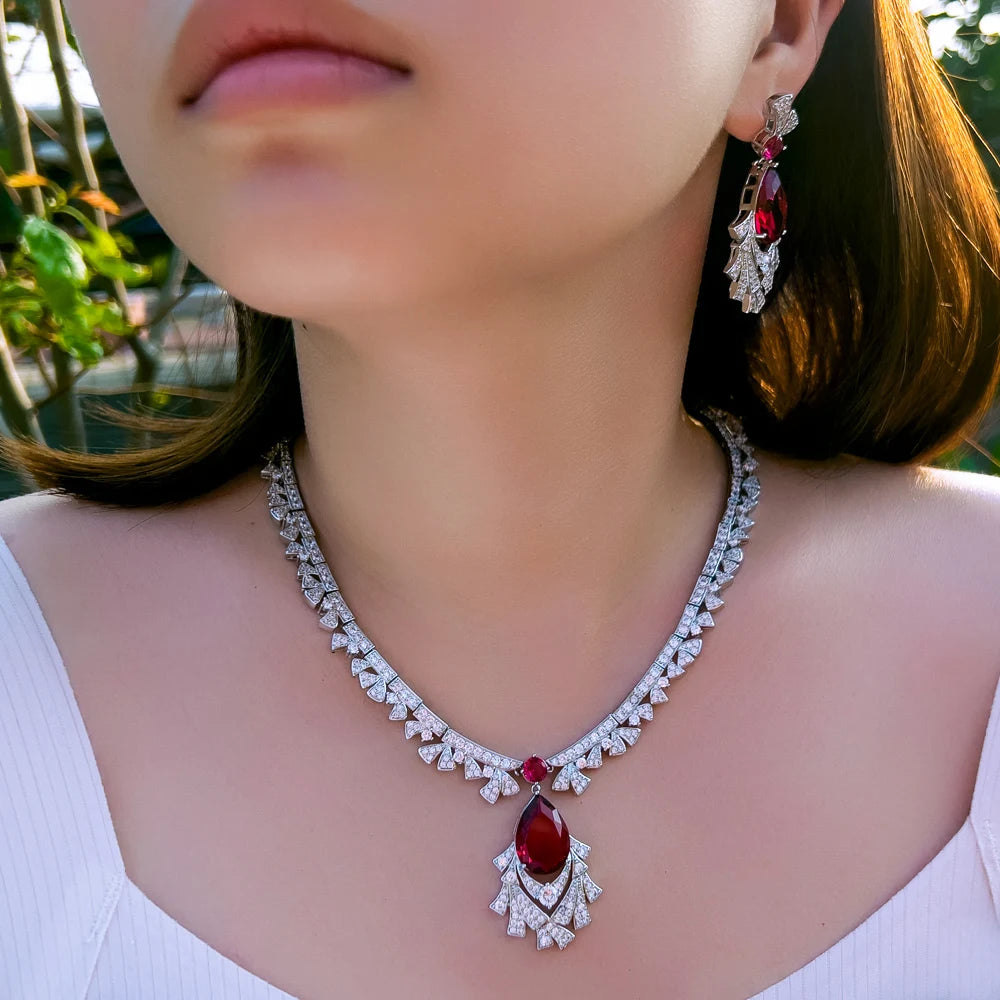 Gorgeous Cubic Zirconia Red Necklace and  Earrings Bridal Banquet Jewelry Set for Women Party Engagement Luxury Jewelry