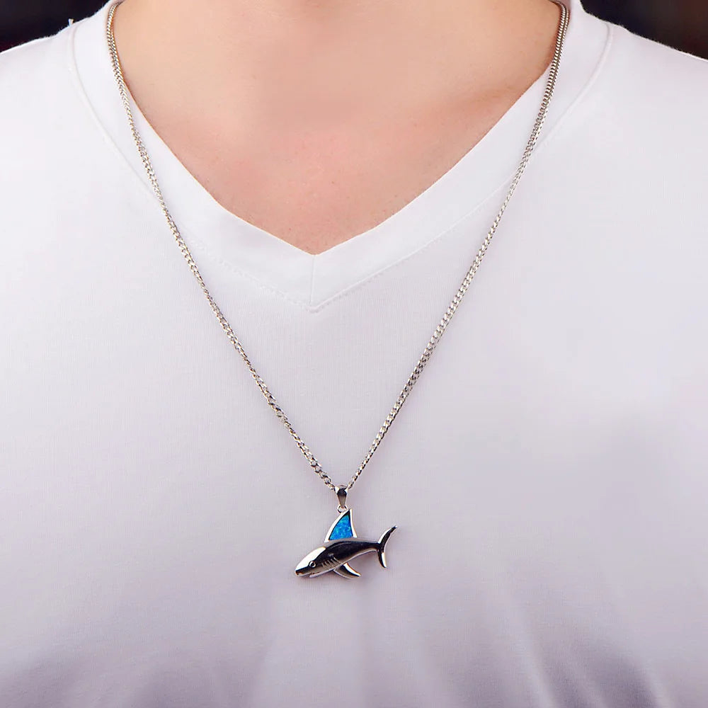 Aobao Blue Opal Shark Fin Collar Chain Hawaiian Style Euro American Trendy Opal Pendant Sweater Chain Bulk