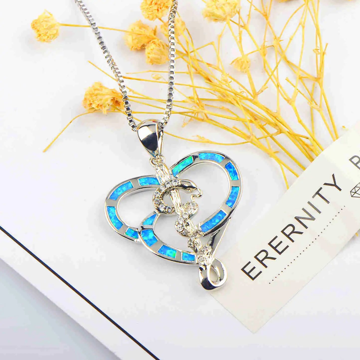European American Trendy Blue Opal Snake Necklace for Women Hawaiian Style Heart Design Oversized Sweater Chain