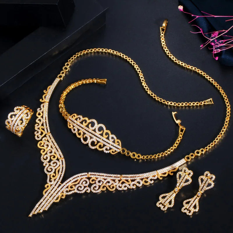S&S 4-Piece CZ Flower Bridal Jewellery Set – 18K Gold Plated – African & Dubai Style – Collection