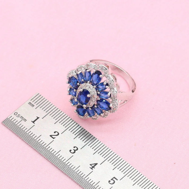 XOTICA New Design Royal Blue Zircon Stone Necklace Set Silver Color Wedding Jewelry Earrings Ring Bracelet Gift Box for Party Occasions