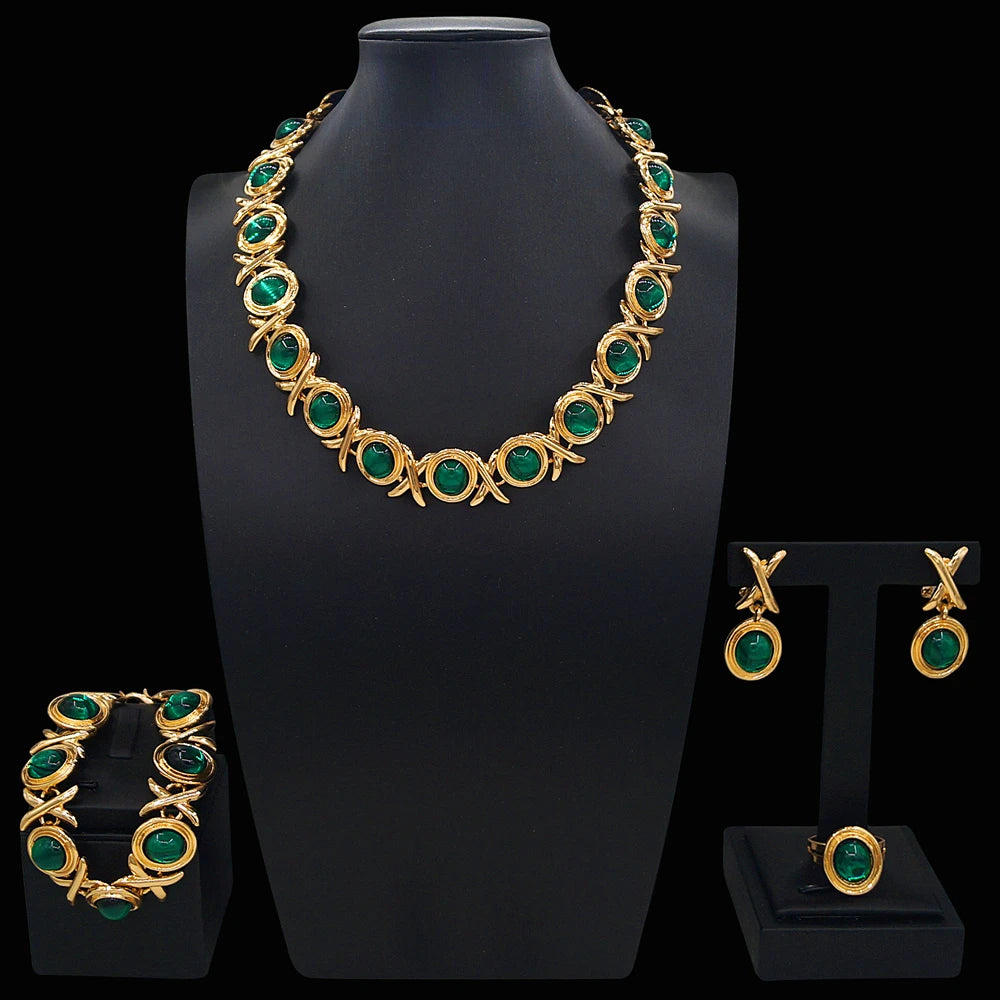 Zhuerrui Classic and Fashionable XO Women's Jewelry Set, High-end Emerald, Elegant and Romantic African Couple JewelryX0305