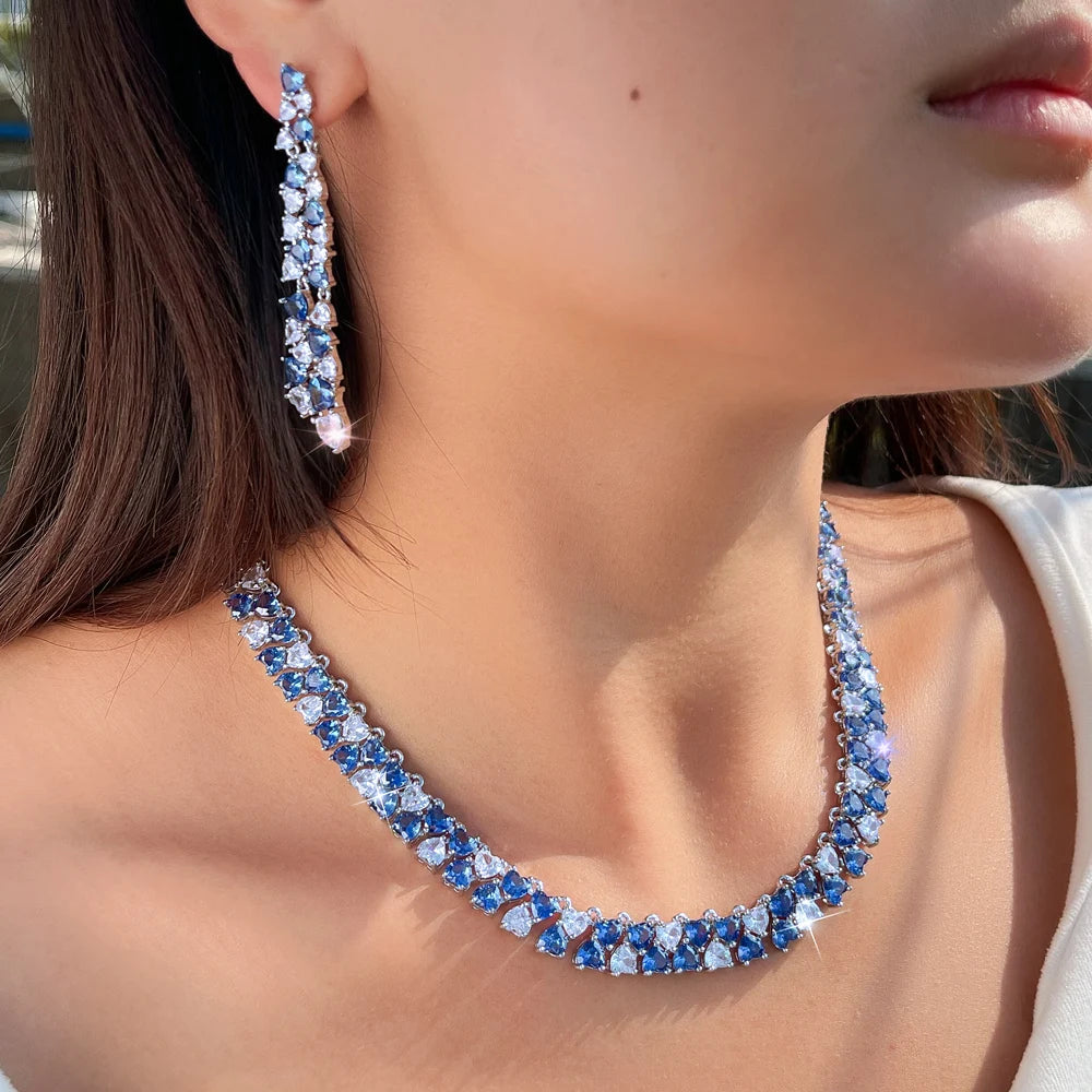 Super Luxury Necklace Earrings White Zirconia and Blue Synthetic Tanzanite Stone Jewelry Set for Women Wedding Party Jewelry