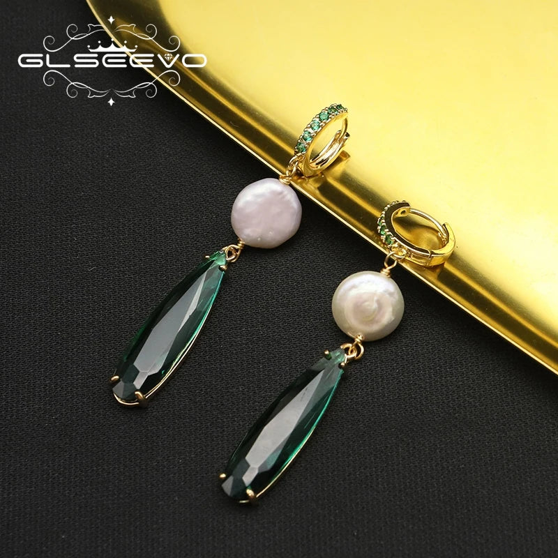 Natural Baroque Pearl Emerald Drop Water Crystal Piercing Earrings for Women Wedding Party  Luxurious Elegant Handmade Jewelry