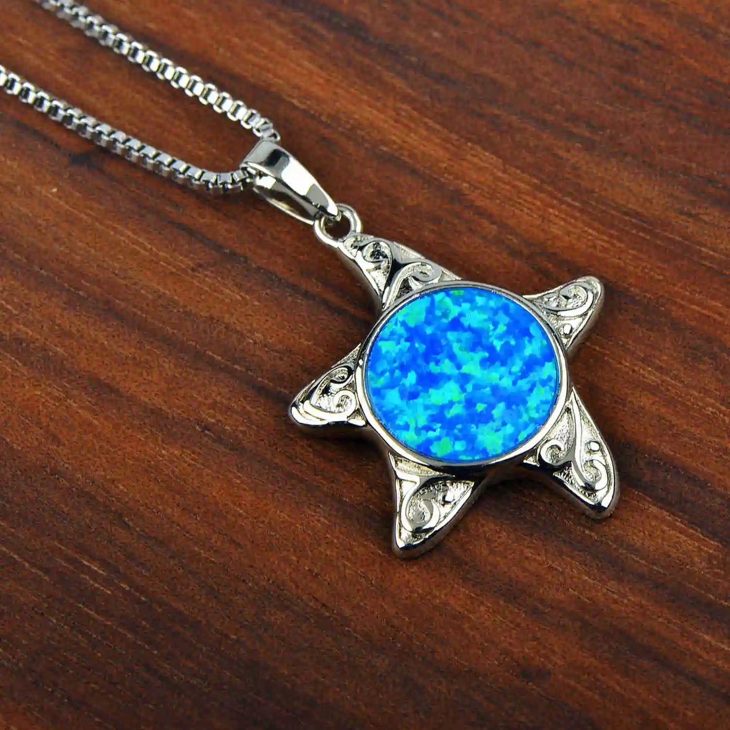 Aobao Trendy Blue Opalsea Star Sweater Chain Surfing Necklace Silver Plated Copper Alloy Inlaid Lab Created Opal