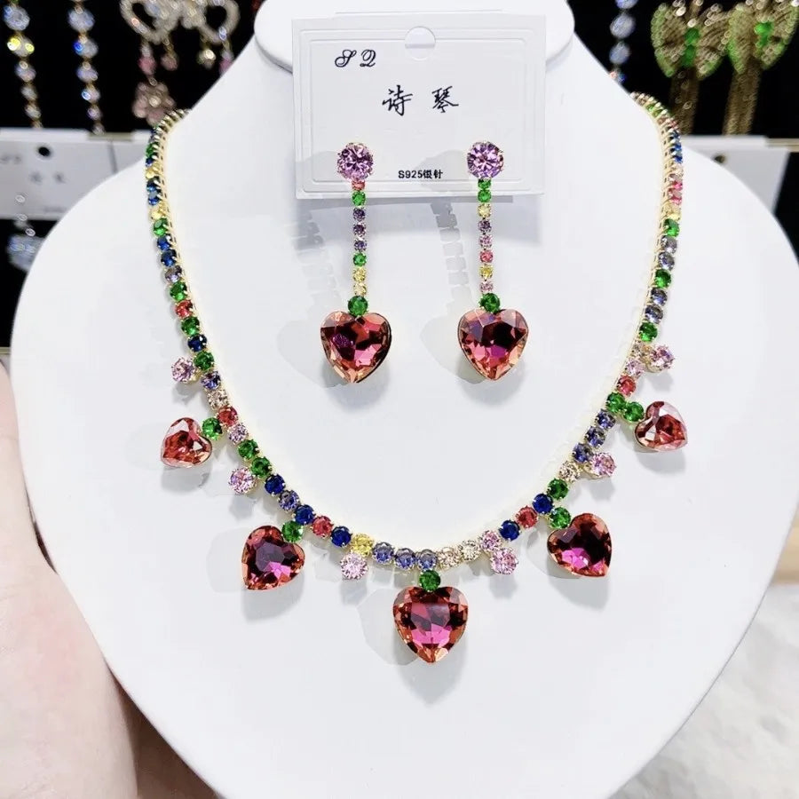 K093 Wholesale Women Trendy Luxurious Heart Multi Zircon Bridal Necklace Earrings Set Wedding Elegant Jewelry Set