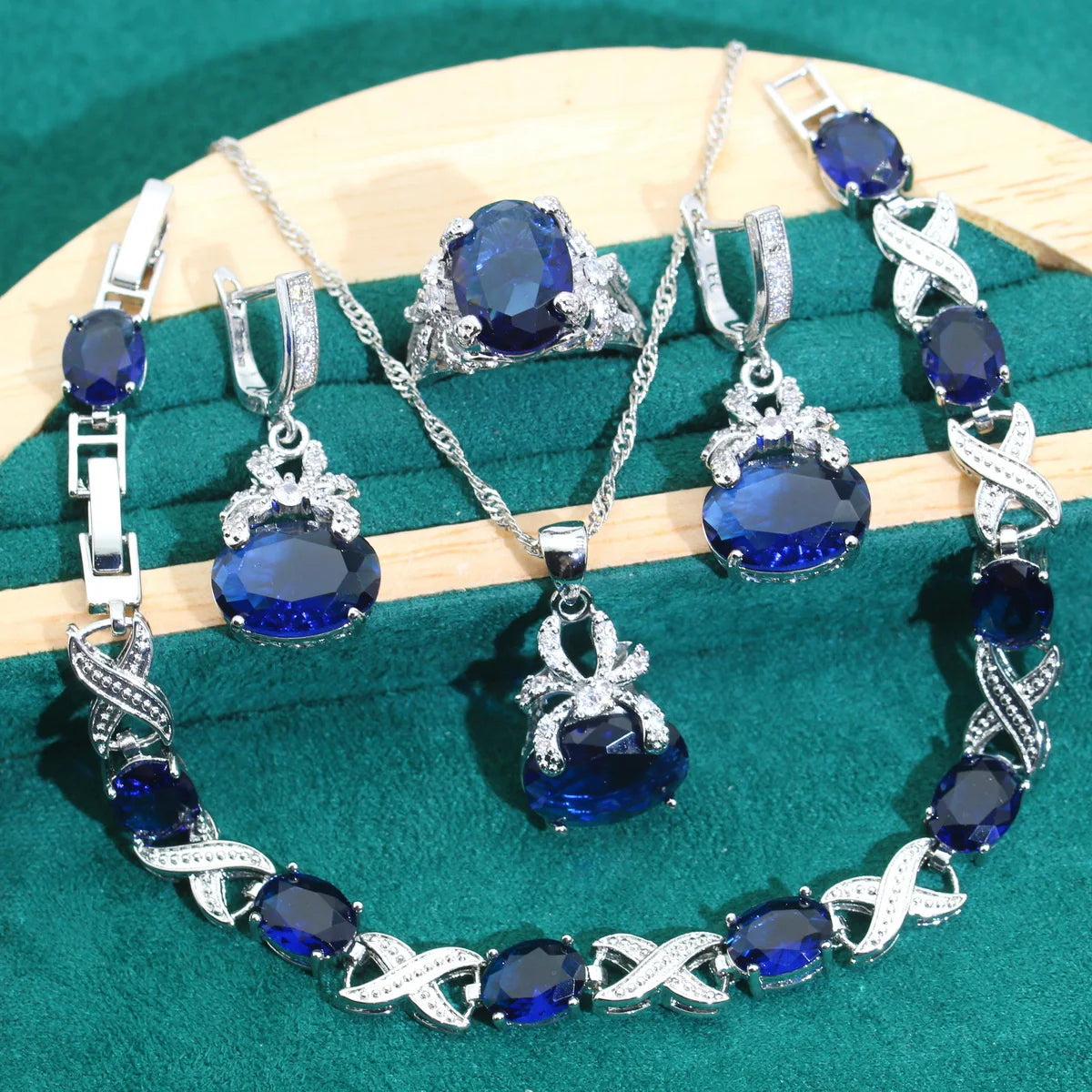 XOTICA Exquisite Blue Zircon Bracelet Earrings Necklace Pendant Ring Set Gold Color Women's Wedding Jewelry for Parties Made of Alloy