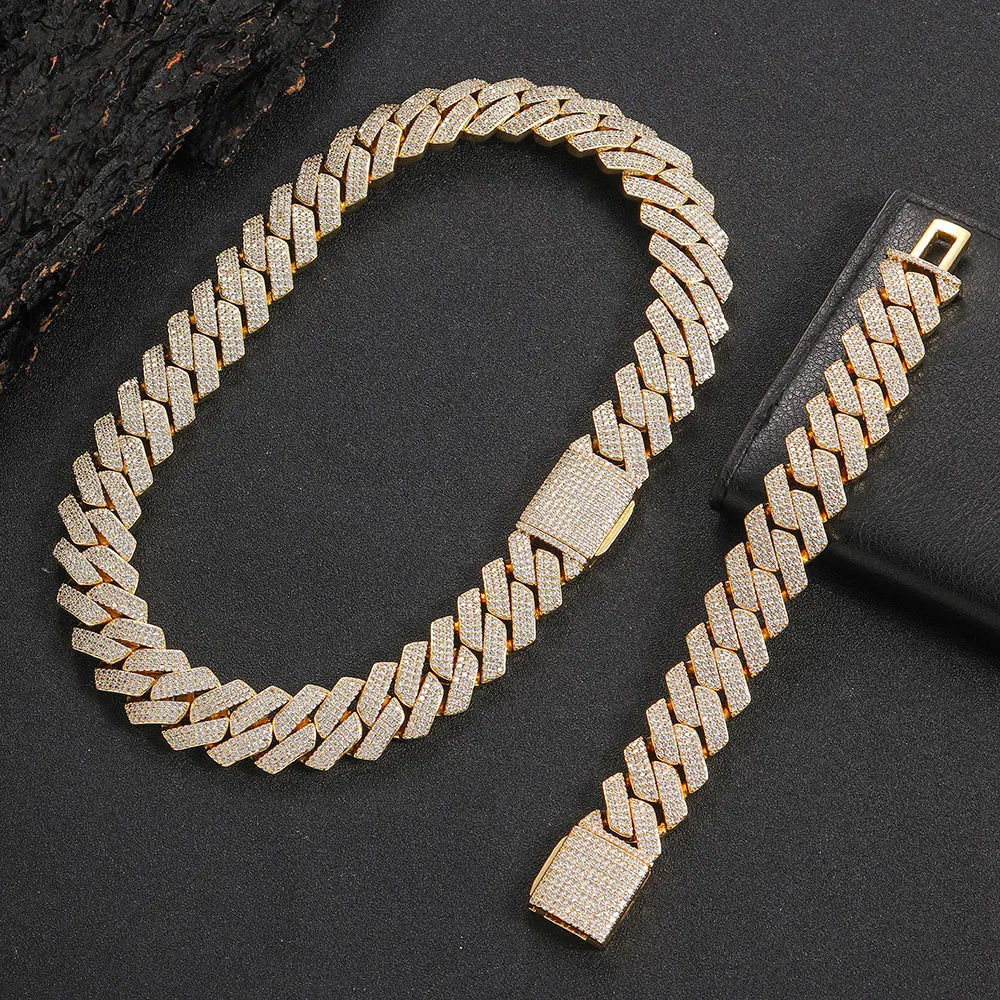 BiG-BOSS Men Hip Hop Jewelry 20mm 3 Rows Gold Chunky Necklace Iced Out Cz Prong Cuban Link Chain Necklace Diamond Cuban Chain