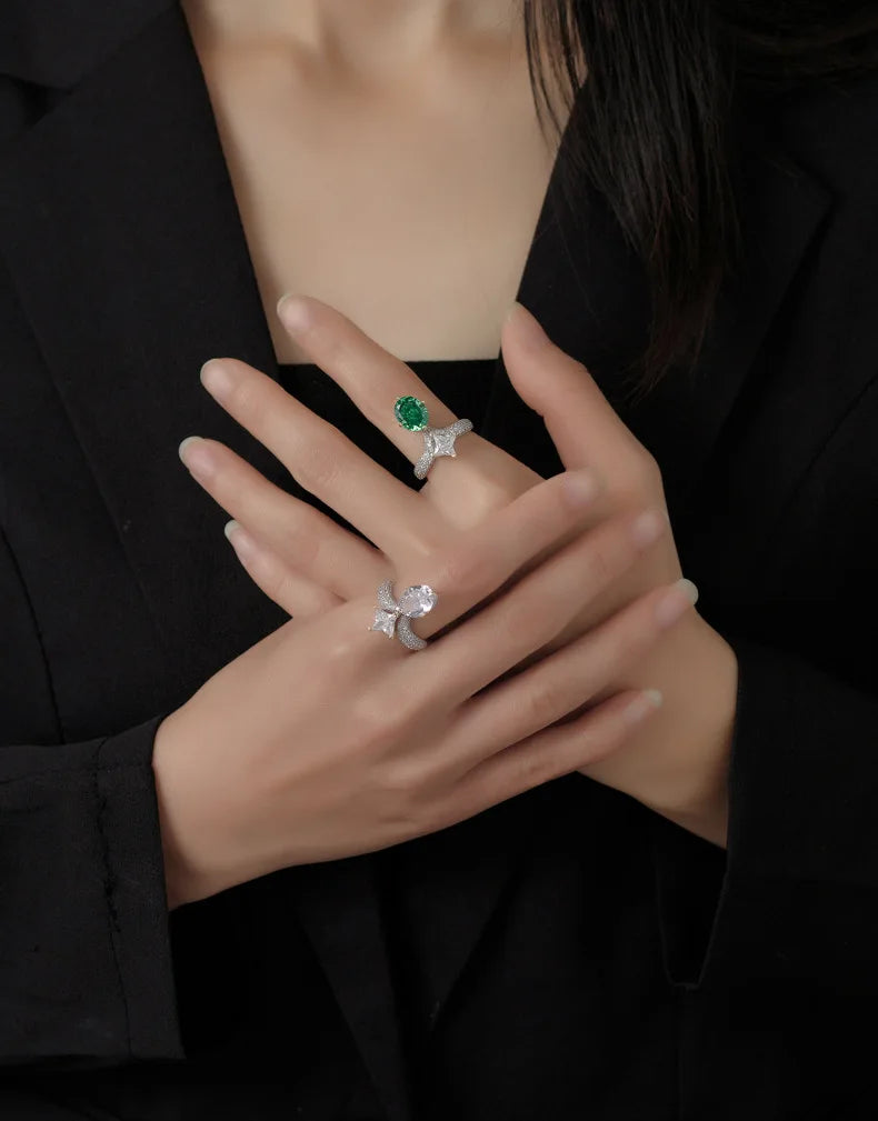 Silverelli | 925 Silver Oval Ice Flower Cut Emerald Ring | Platinum Plated | Pave Setting