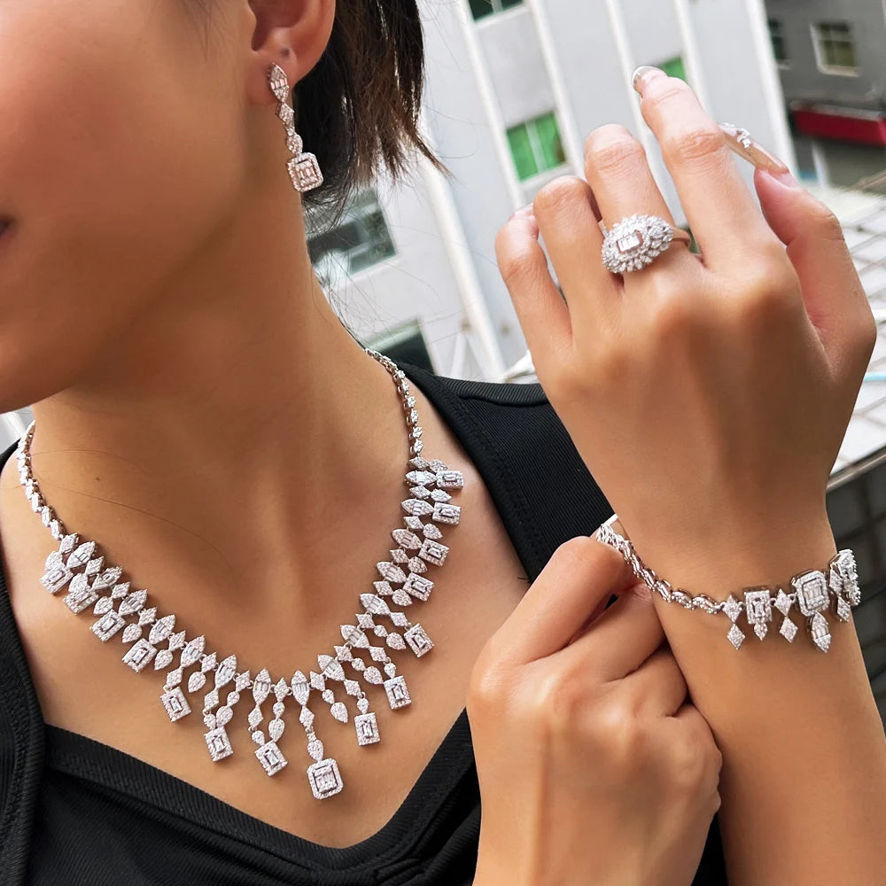 High Quality Tassel Shape Middle East Style Brass Cubic Zircon Wedding Bridal Luxury Jewelry Set for Women Dress Accessories