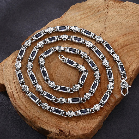 S&S 925 Silver Tang Grass Pattern Necklace | Zircon Set | 5mm Sweater Chain | Blue & Green