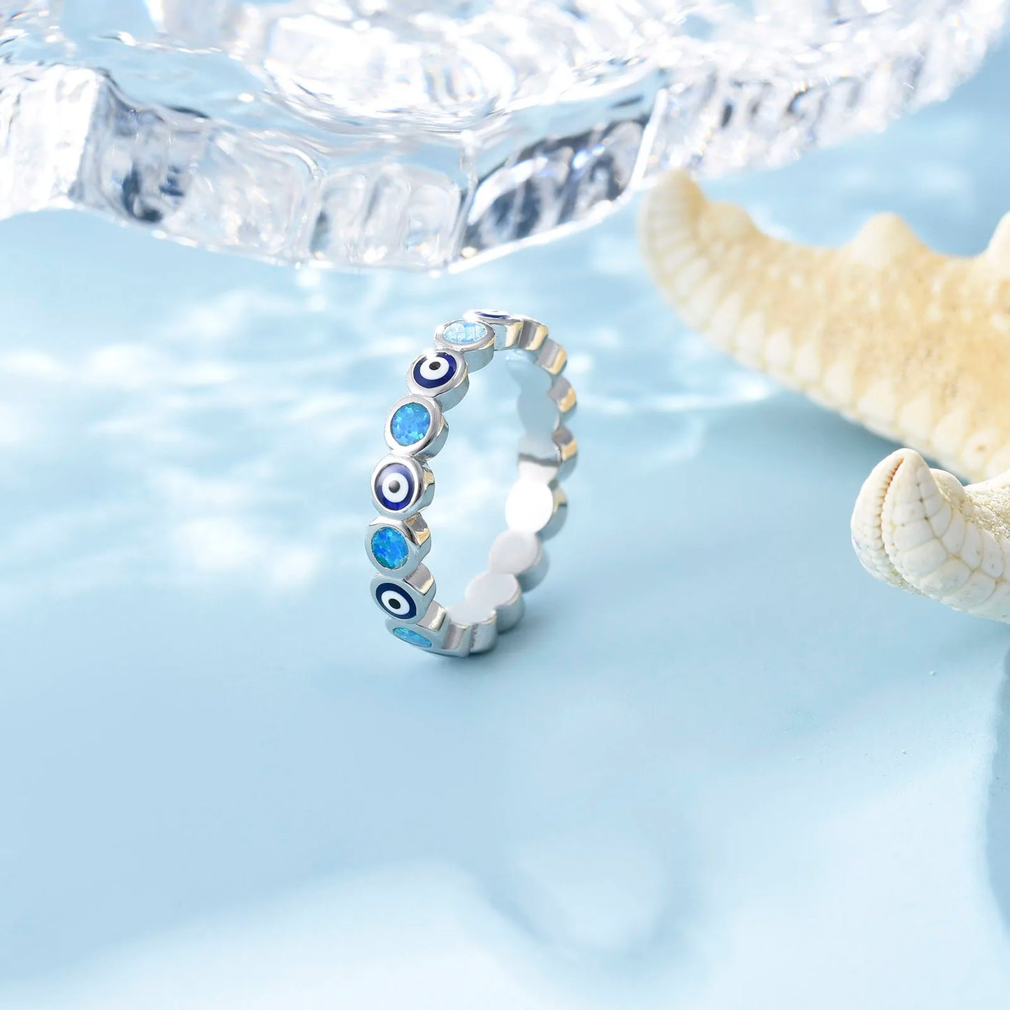 Mystical  Ring | Blue Iridescent Gem & Contrast Pattern Band | Bold Protective Jewelry for Daily & Party Style
