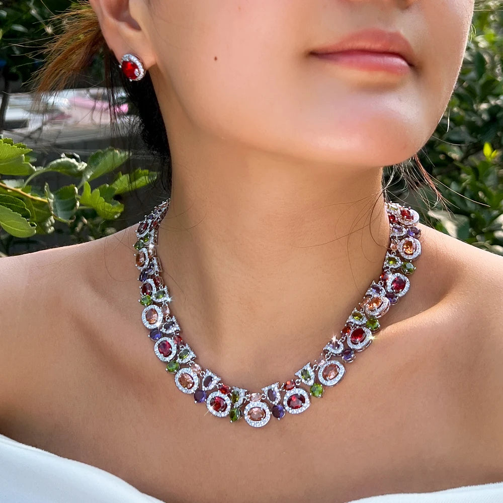 Gorgeous Necklace and Earrings Oval Cut Cubic Zirconia Stone Colorful Jewelry Set for Women Party Anniversary Dress Accessories