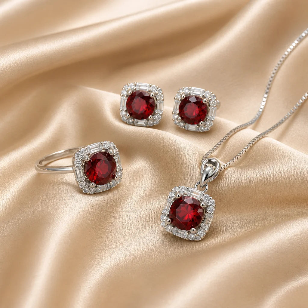 REDheart Fine Luxury Designer Women's Jewelry Set 925 Sterling Silver Rhodium Natural Garnet Ring/Necklace Earring Gift for Engagement