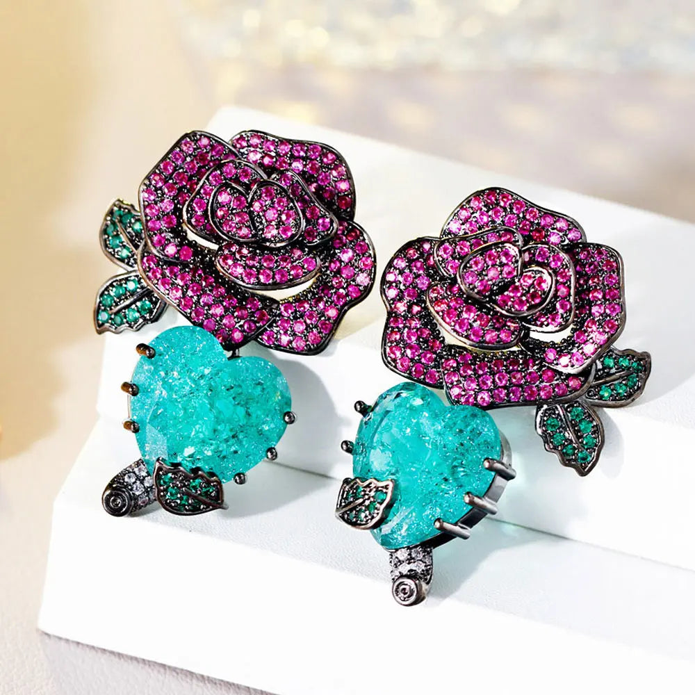 S&S Red Rose & Green Leaf CZ Dangle Drop Earrings – Black Gun Plated – Collection