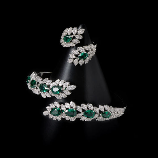 00056 New Arrival Luxury Designer Inspired Jewelry Exquisite Full of Colors Zircon Leaf Bracelet Bangle Ring Sets