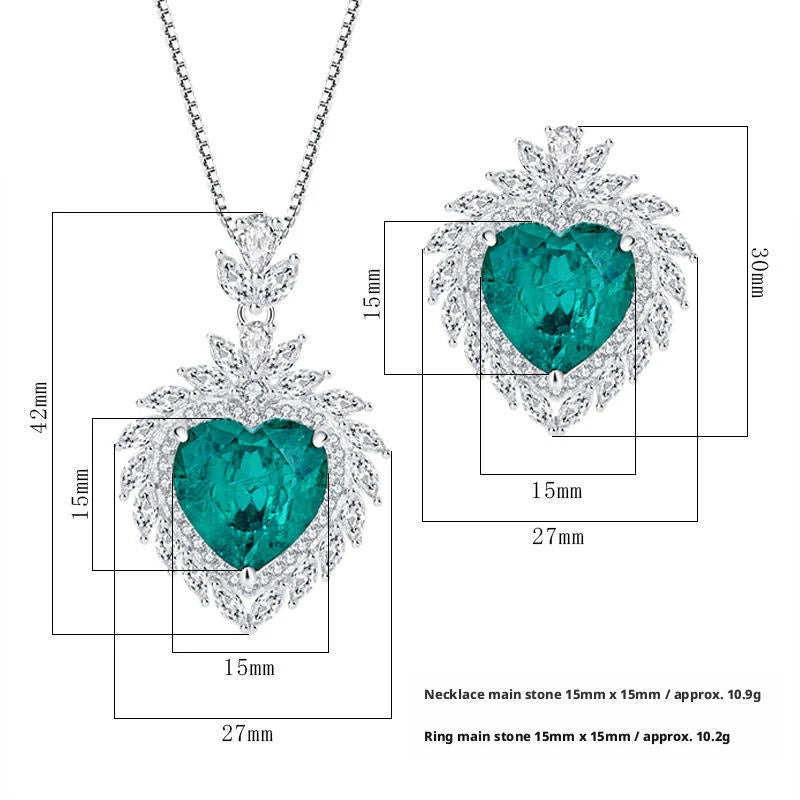 Gemfiori New Luxury Emerald Fusion Heart Gemstone Pendant Necklace Box Chain Emerald Green Gem Ring Ladies Women Wedding Jewelry Set Gift