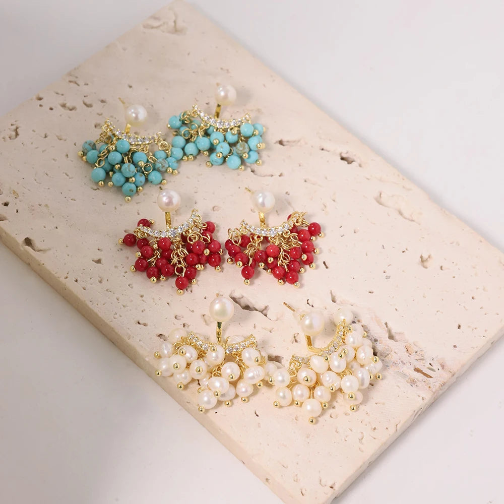 Natural Freshwater Pearl Multi-layer Earrings Coral Turquoise Korean Style Women Luxury Jewelry Fashion Ladies and Girls Gift