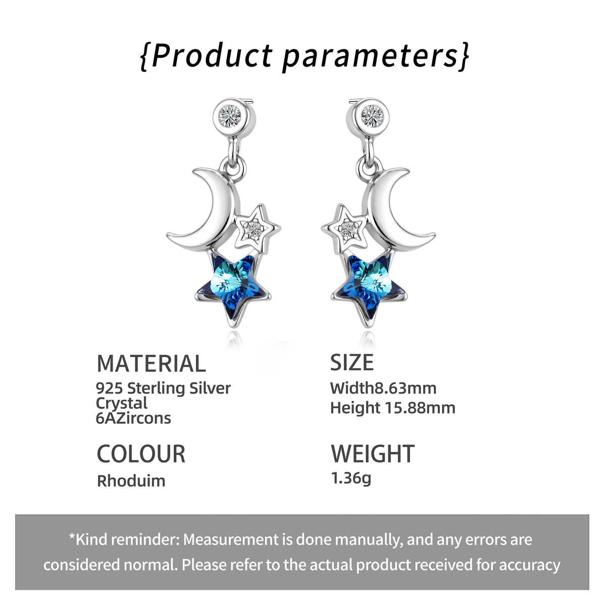 ArtistA Romantic 925 Sterling Silver Blue Star Crescent Moon Jewelry Set Austrian Crystal Drop Earrings Necklace for Women Birthday Gift