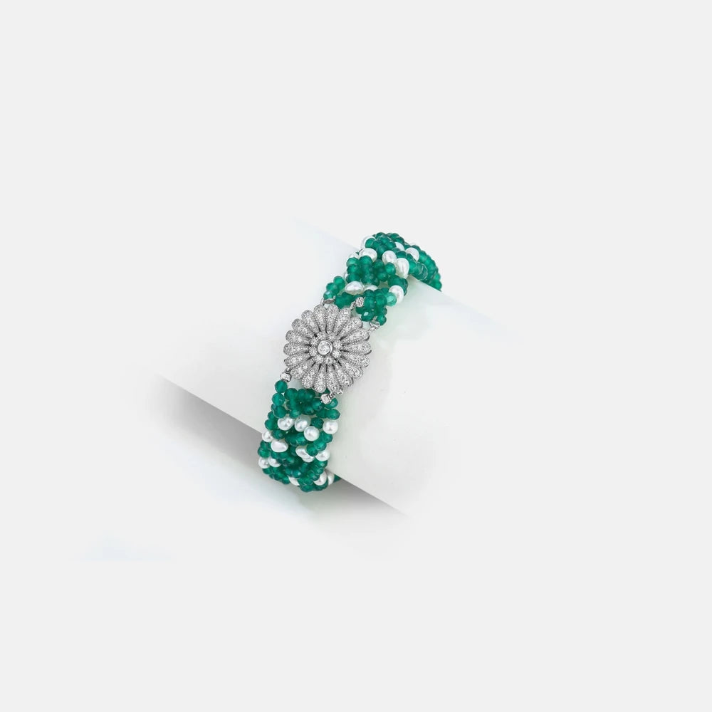 MUSHAN Jewelry Factory S925 Pure Silver Green Agate Bracelet Natural Pearl Light Luxury and High End Accessory