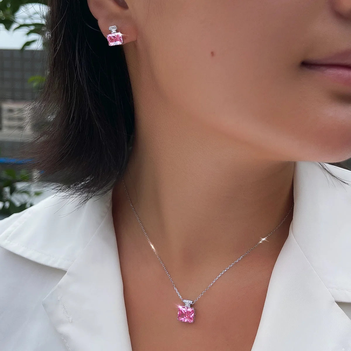 REDheart 925 Sterling Silver Pink Zirconia Diamond Perfume Bottle Pendant Necklace Earrings Sets Luxury 2pcs Jewelry Sets Wedding Gift