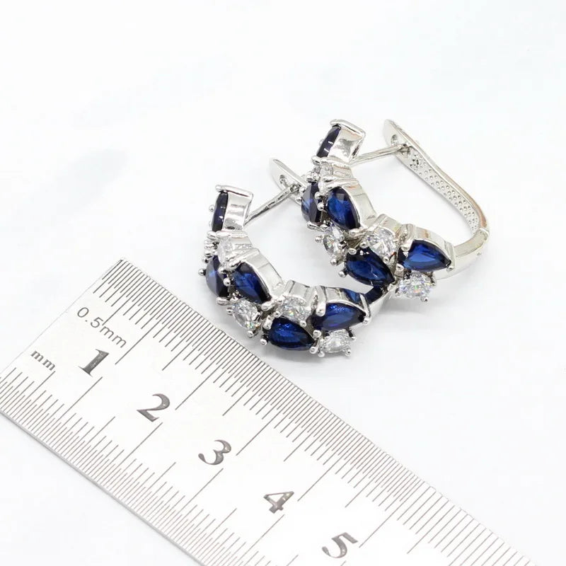 XOTICA Dark Blue Sapphire 925 Silver Jewelry Set for Women Hoop Earrings Bracelet Rings Necklace Pendant for Parties Weddings Birthday