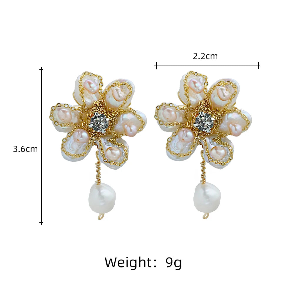 Natural Baroque Pearl Petal Flower Earrings for Women Korean Classic Vintage Fashion Jewelry Earrings GE1594