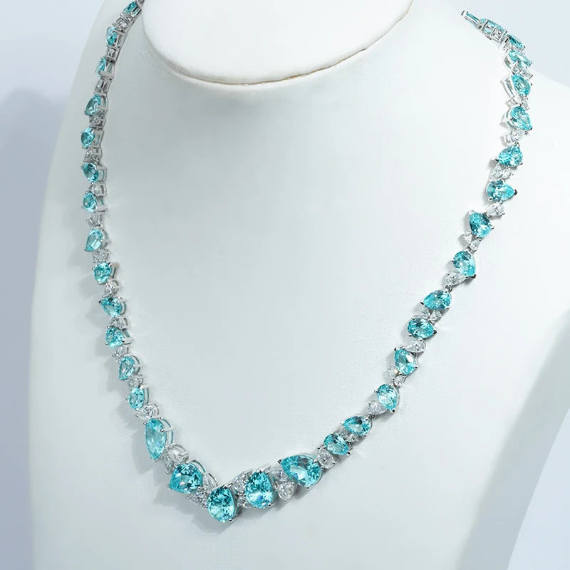 Luxury Blue Gemstone Necklaces Jewelry 14K Solid Gold Paraiba Color Lab Sapphire Gemstone with DFE Moissanite Necklace