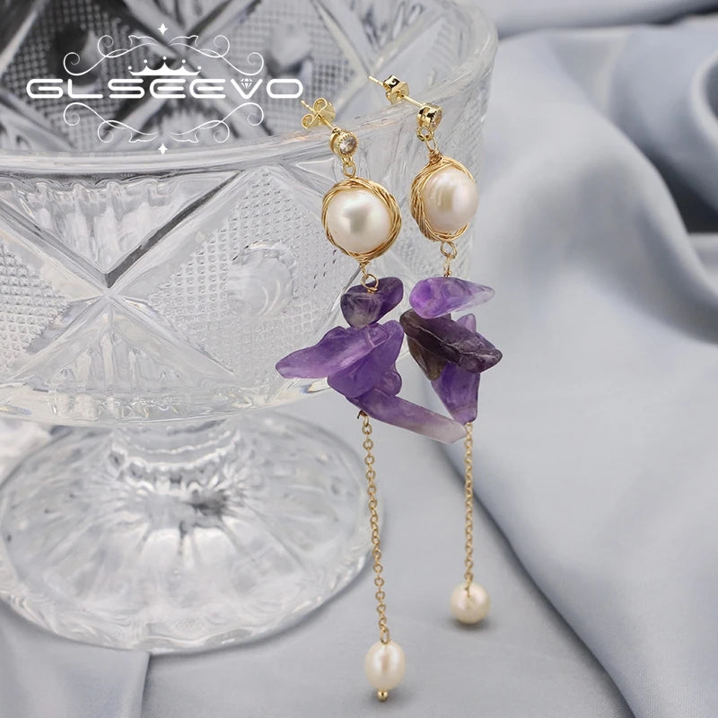 Amethyst Freshwater Pearl Handmade Wire Wrapped Dangle Earrings Chain Fashion Charm Luxury Earrings Women Jewelry