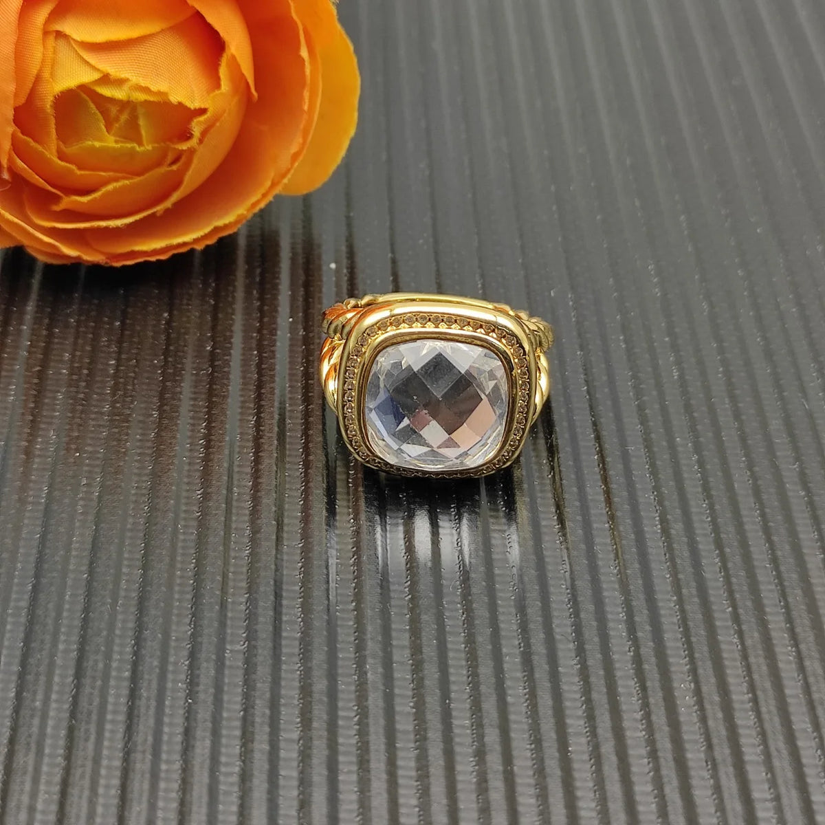FASHIONISTA DY High-Quality Silver-Plated 14mm Square Diamond-Set Ring, Gold-Plated Colored Gemstone-Set Ring, Jewelry
