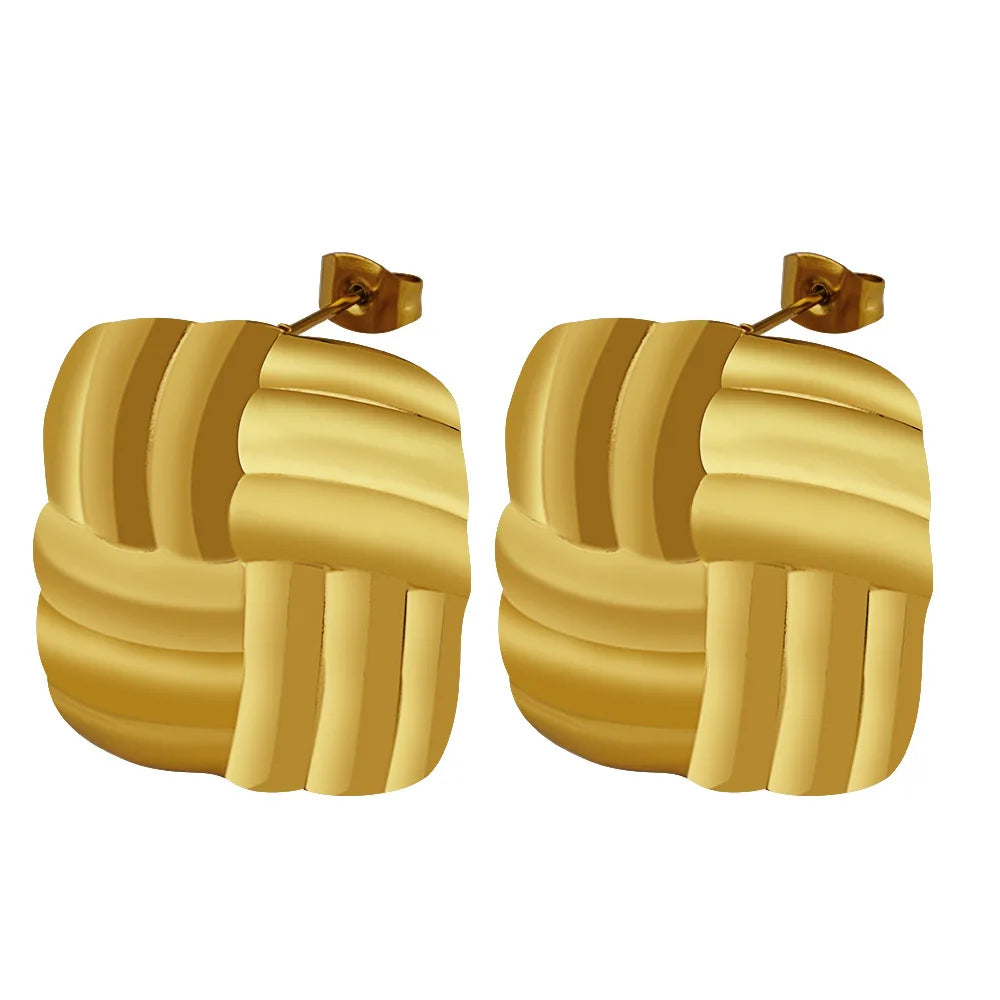 Geometric Square Necklace & Braided Drop Earrings | Retro Gold Plated Stainless Steel Fashion Jewellery