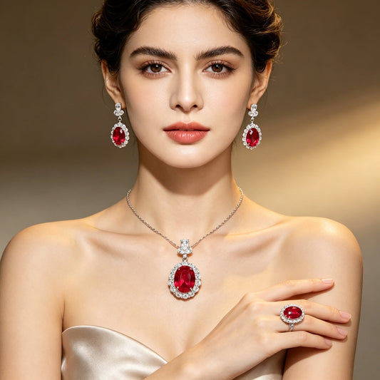 S&S 925 Silver Oval Cut Luxury Jewellery Set | Necklace, Ring & Earrings