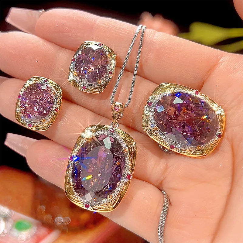 Gemfiori New Palace Style Necklace with High-end Temperament Retro Set Ring Earring Pendant Design