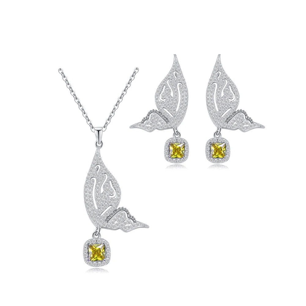 White Gold Color Animal Lovely Big Butterfly Shape Fashion Earrings and Necklace Cubic Zircon Pendant Jewelry Set for Women