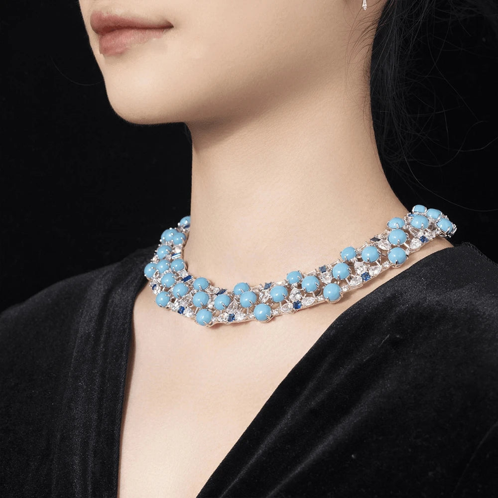 MuShan Jewelry Factory Blue Turquoise Necklace for Women 925 Sterling Silver Gold Plated High Carbon Diamond Necklace Jewelry