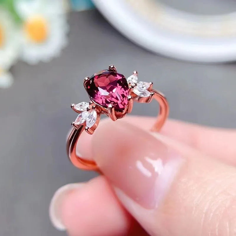 Natural Garnet Rhodium Plated 925 Sterling Silver Minimalist Oval Cut Engagement Ring for Weddings and Parties
